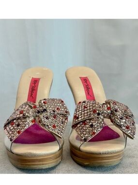 Betsey Johnson Beige and Pink Jeweled Bow Platform Mules